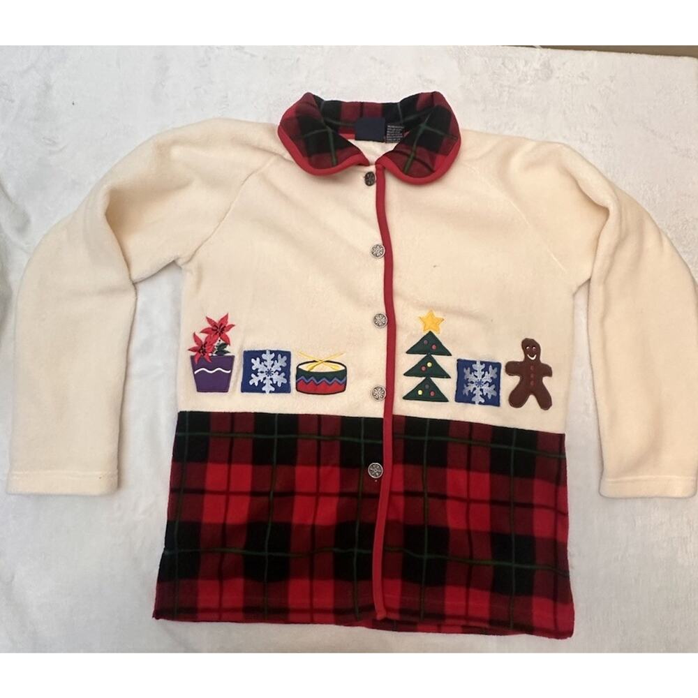 1990s Women's Fleece Holiday Cardigan Sweater Size small Plaid Button-Up Vintage